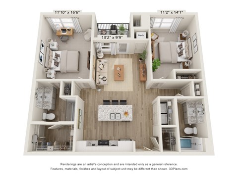 a 3d floor plan of a home with a bedroom and a living room